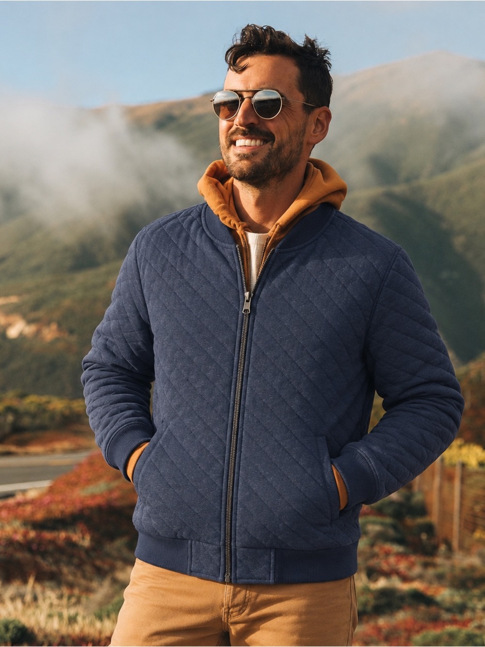 Marine Layer Men’s Quilted Bomber Jacket Medium Navy Corbet Zip Front